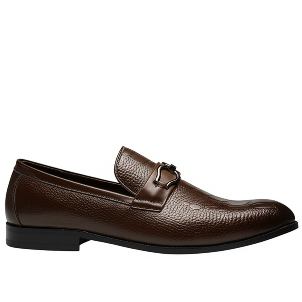 Brown Textured Leather Buckle Loafers