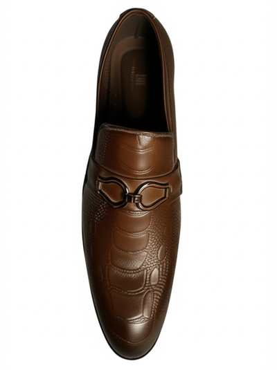 Brown Textured Leather Buckle Loafers