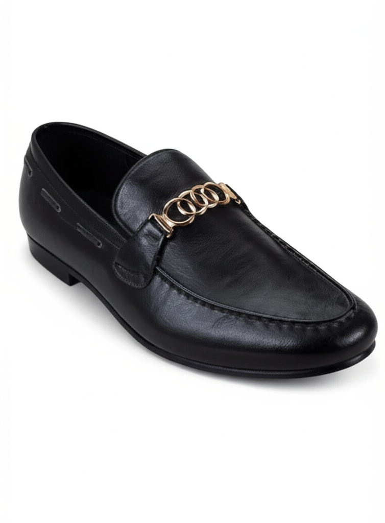 Black Leather Chain-Link Loafers