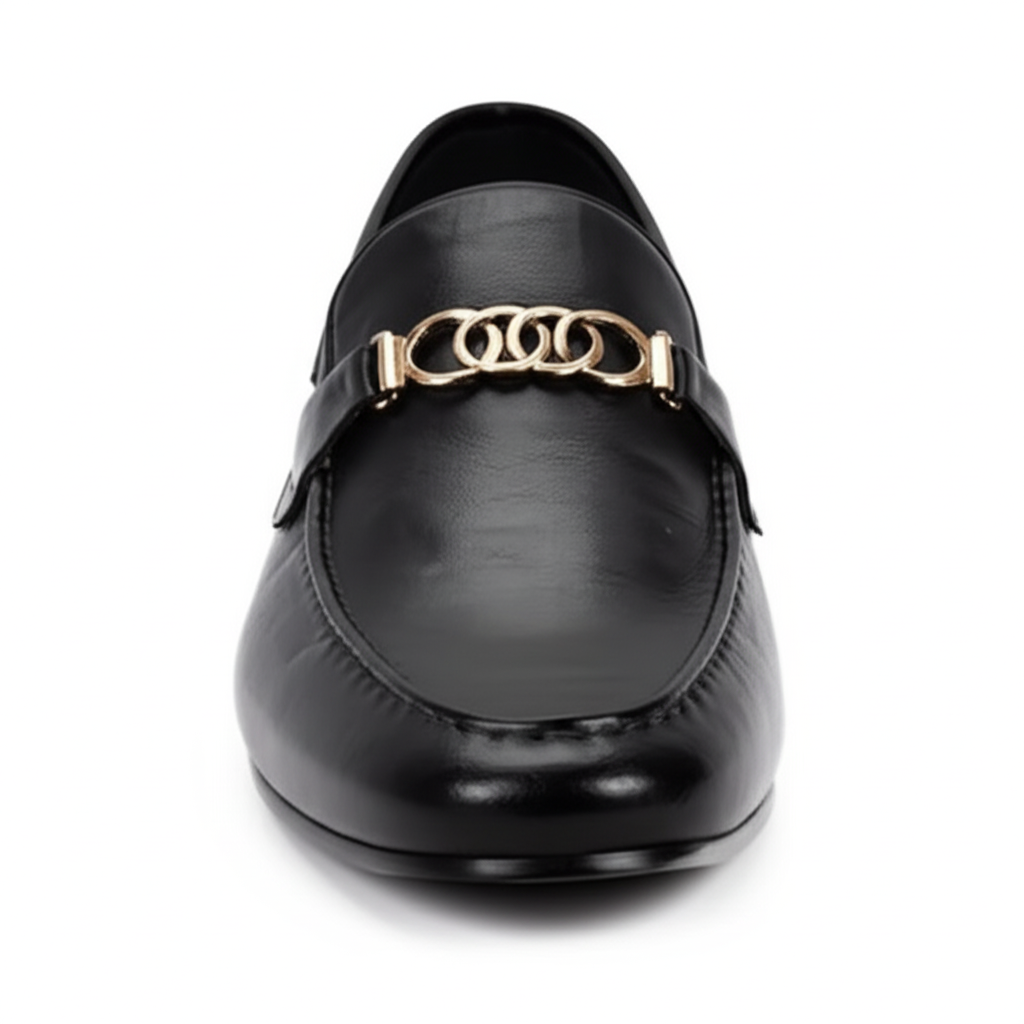 Black Leather Chain-Link Loafers