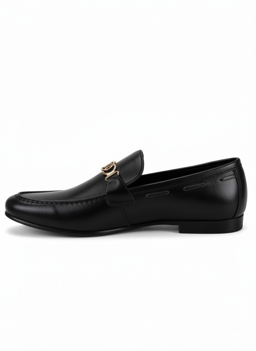 Black Leather Chain-Link Loafers